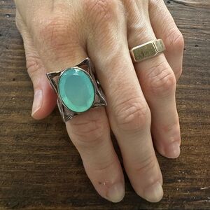 Sterling silver Aquamarine large oval stone ring. Size: 7.5